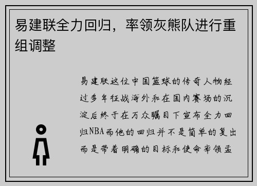 易建联全力回归，率领灰熊队进行重组调整